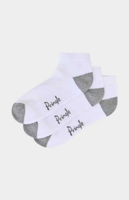 White socks with gray toes and heels, featuring the brand 'Pringle' on a light gray background.
