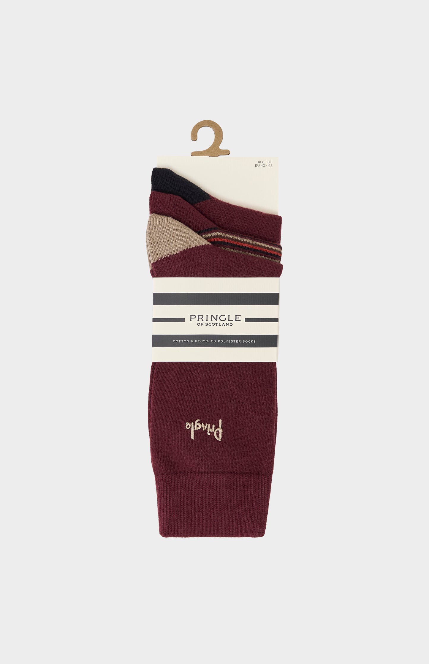 Burgundy socks with cream and black accents and Pringle embroidery