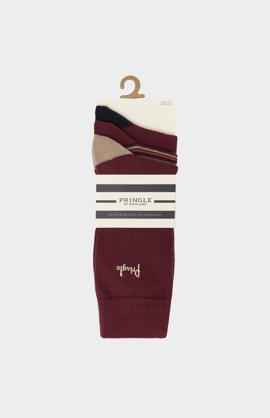 Burgundy socks with cream and black accents and Pringle embroidery