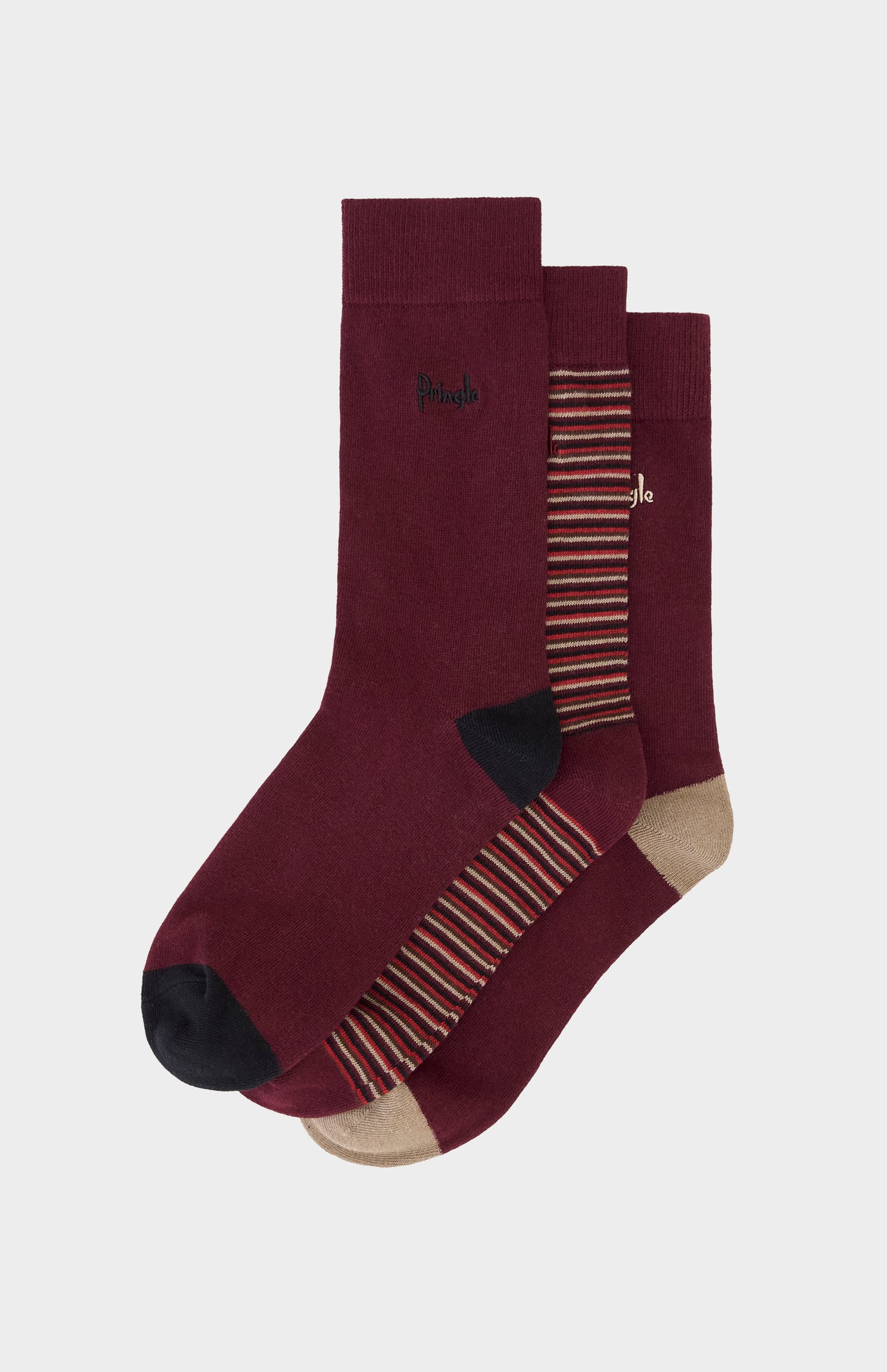 Burgundy socks with cream and black accents and Pringle embroidery