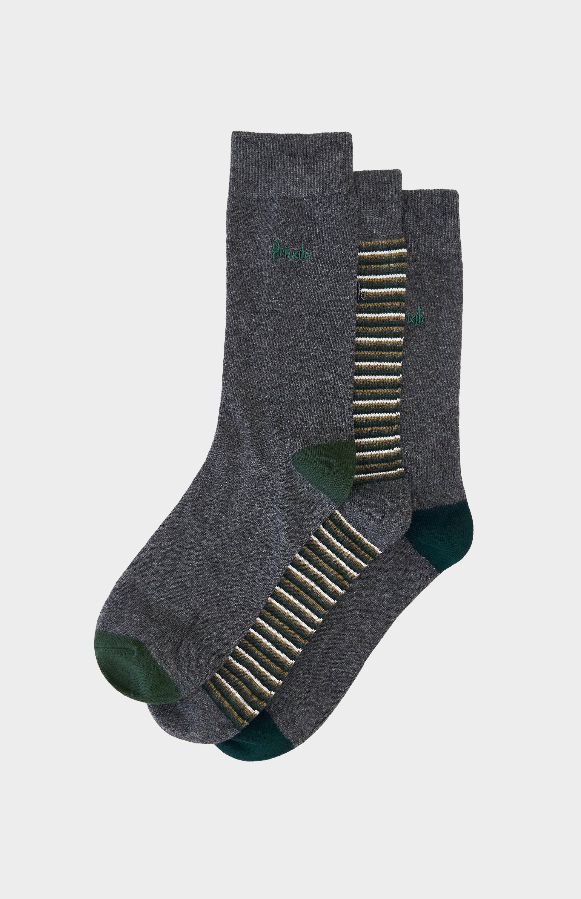 Grey socks with green and blue detailing and a Pringle logo embroidery