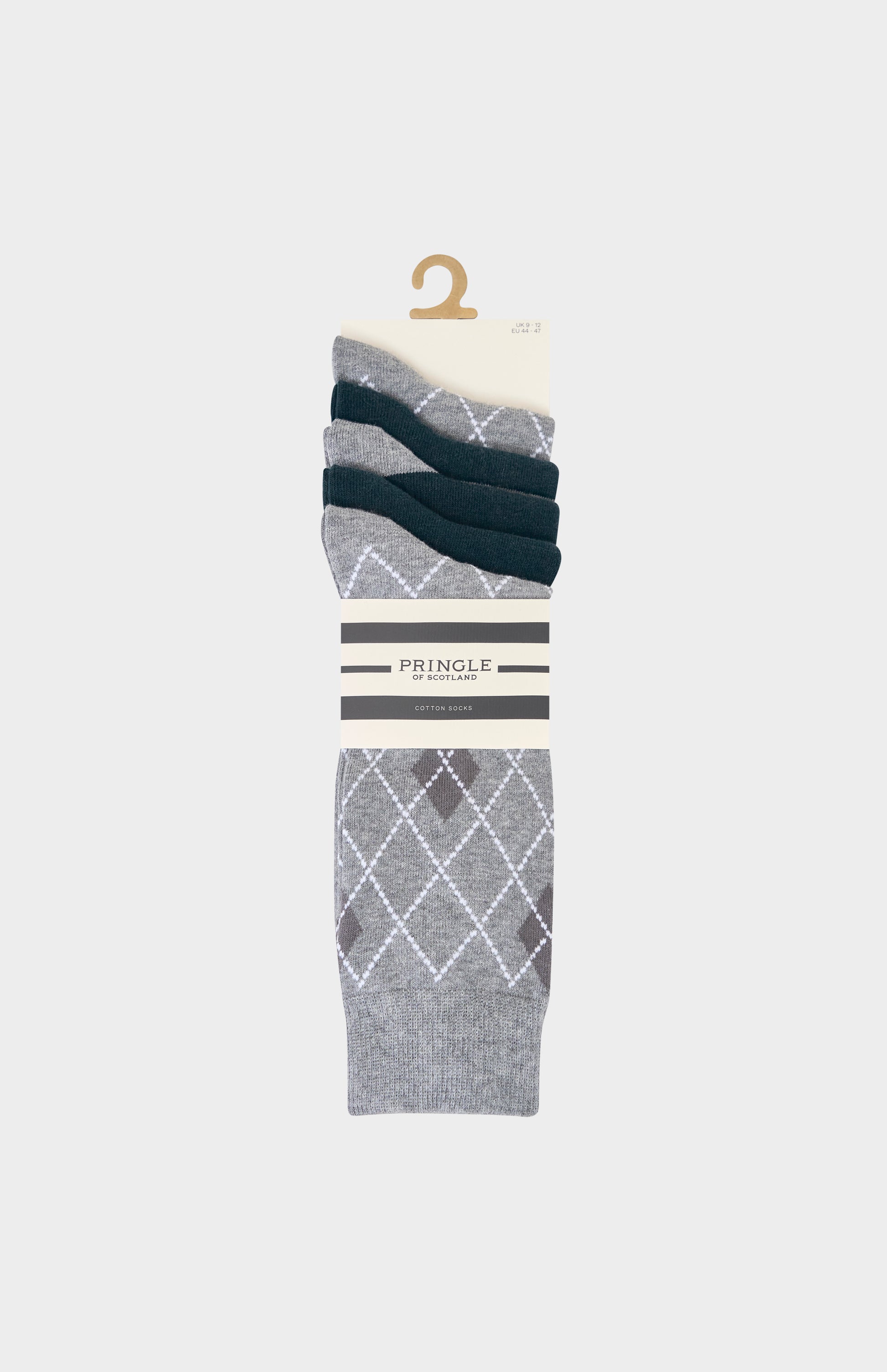 Grey and blue socks with argyle patterning and other accent features