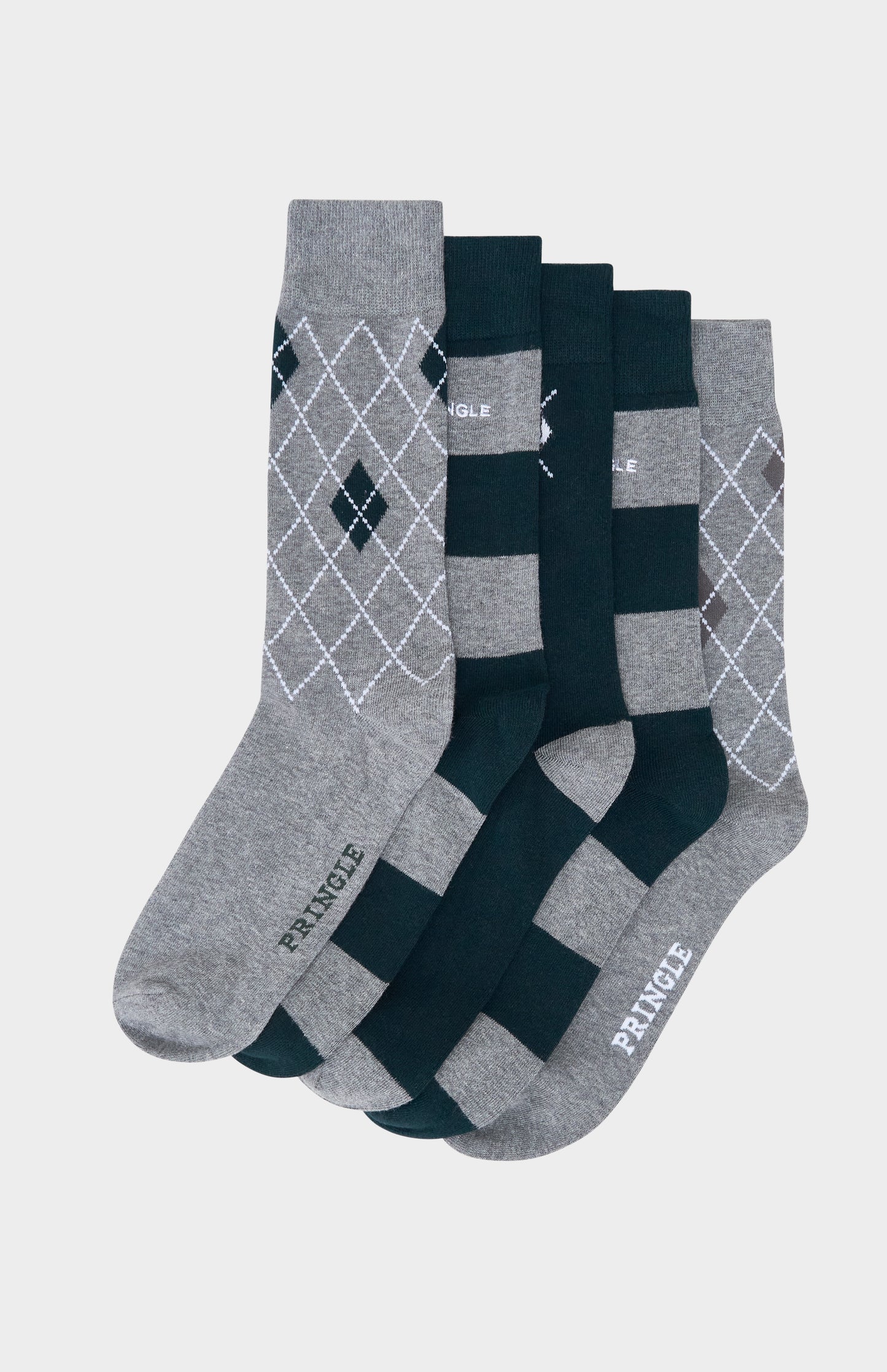 Grey and blue socks with argyle patterning and other accent features