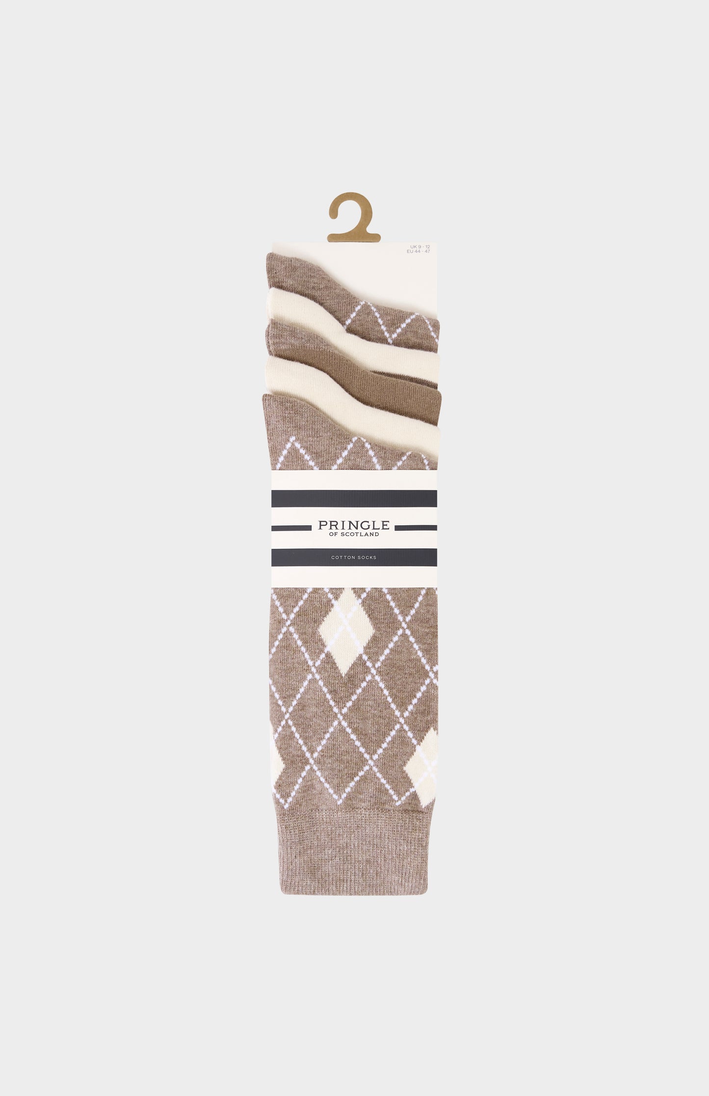 Pair of patterned socks on a hanger with 'Pringle' branding against a white background