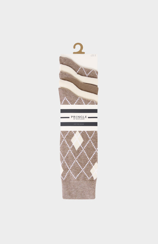Pair of patterned socks on a hanger with 'Pringle' branding against a white background