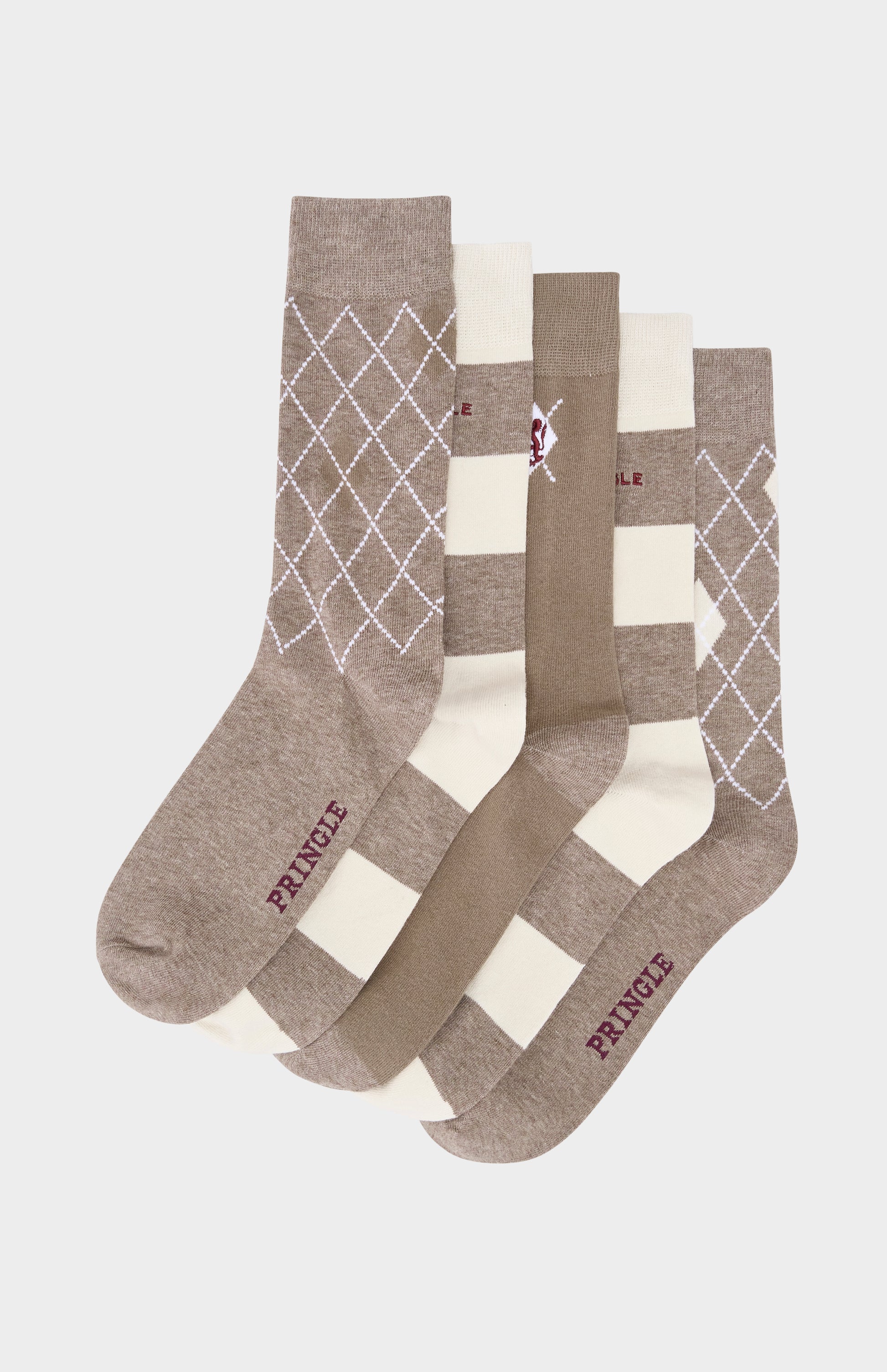 Set of five patterned socks with visible brand name on a light gray background