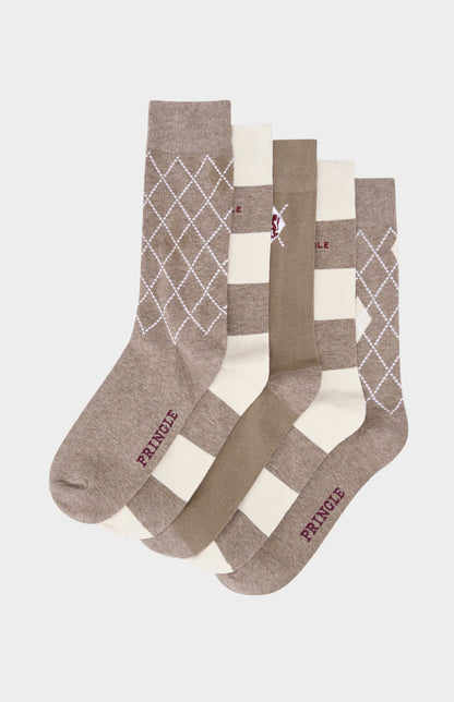 Set of five patterned socks with visible brand name on a light gray background