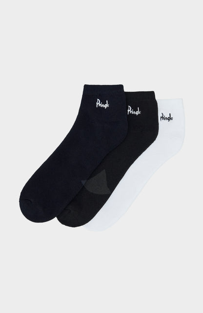 Three pairs of black ankle socks with a brand logo on a white background