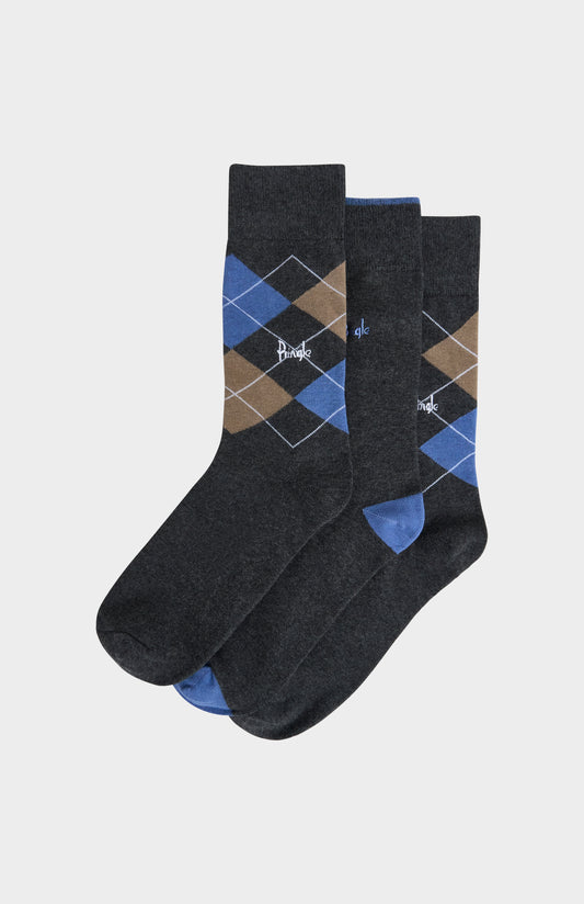 Men’s Argyle Cotton Jacquard Socks in Black, Charcoal & Camel