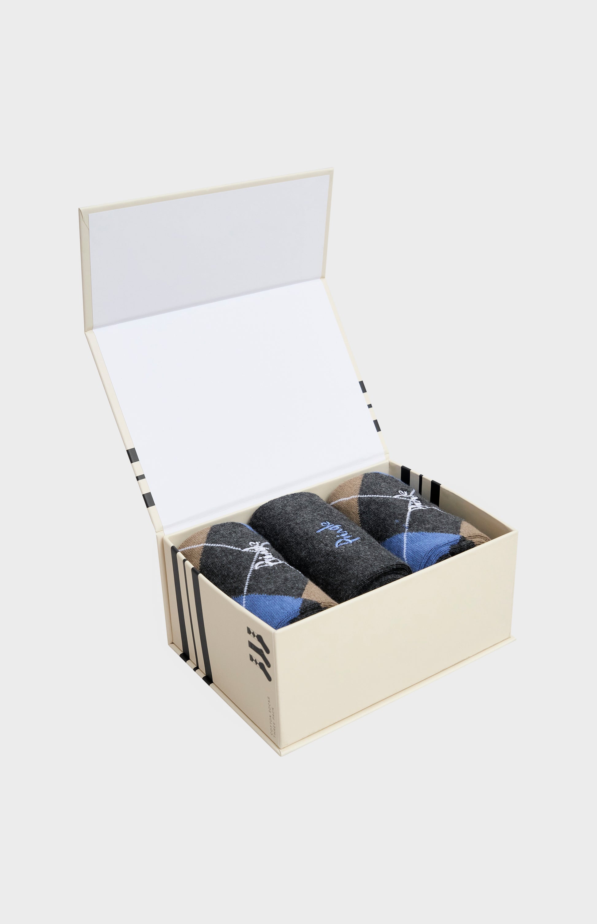 Men’s Argyle Cotton Jacquard Socks in Black, Charcoal & Camel boxed