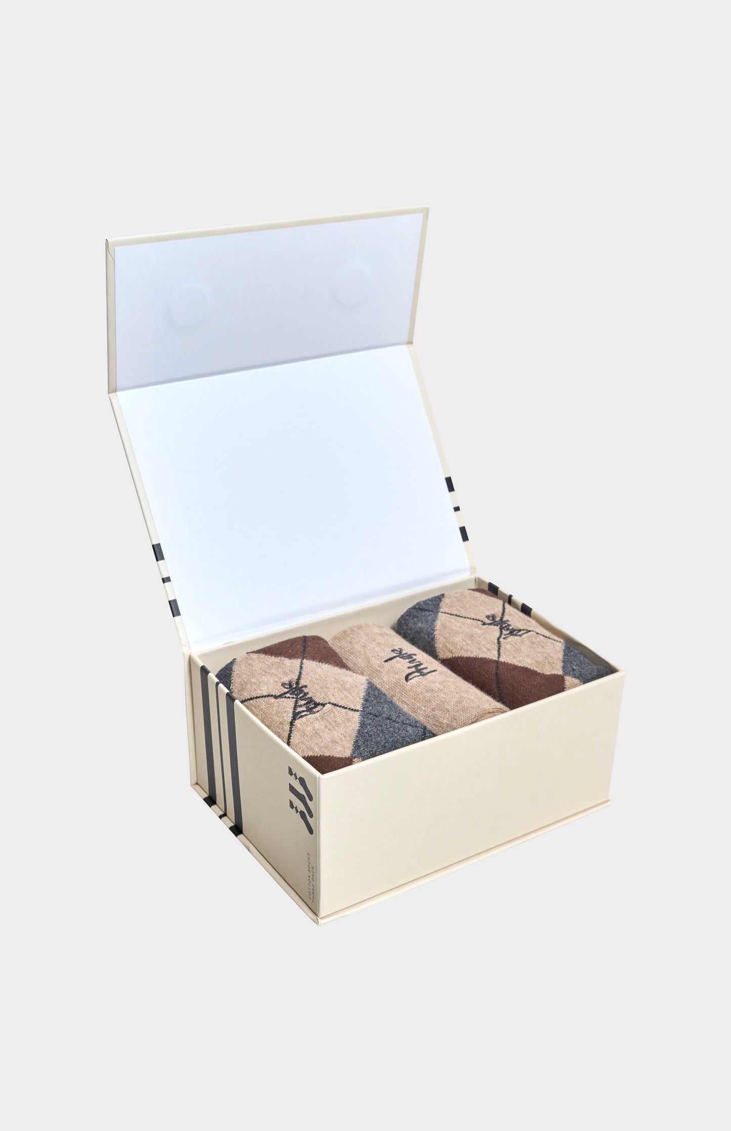 Pringle Men’s Argyle Cotton Jacquard Socks in Beige, Brown & Charcoal in gift box