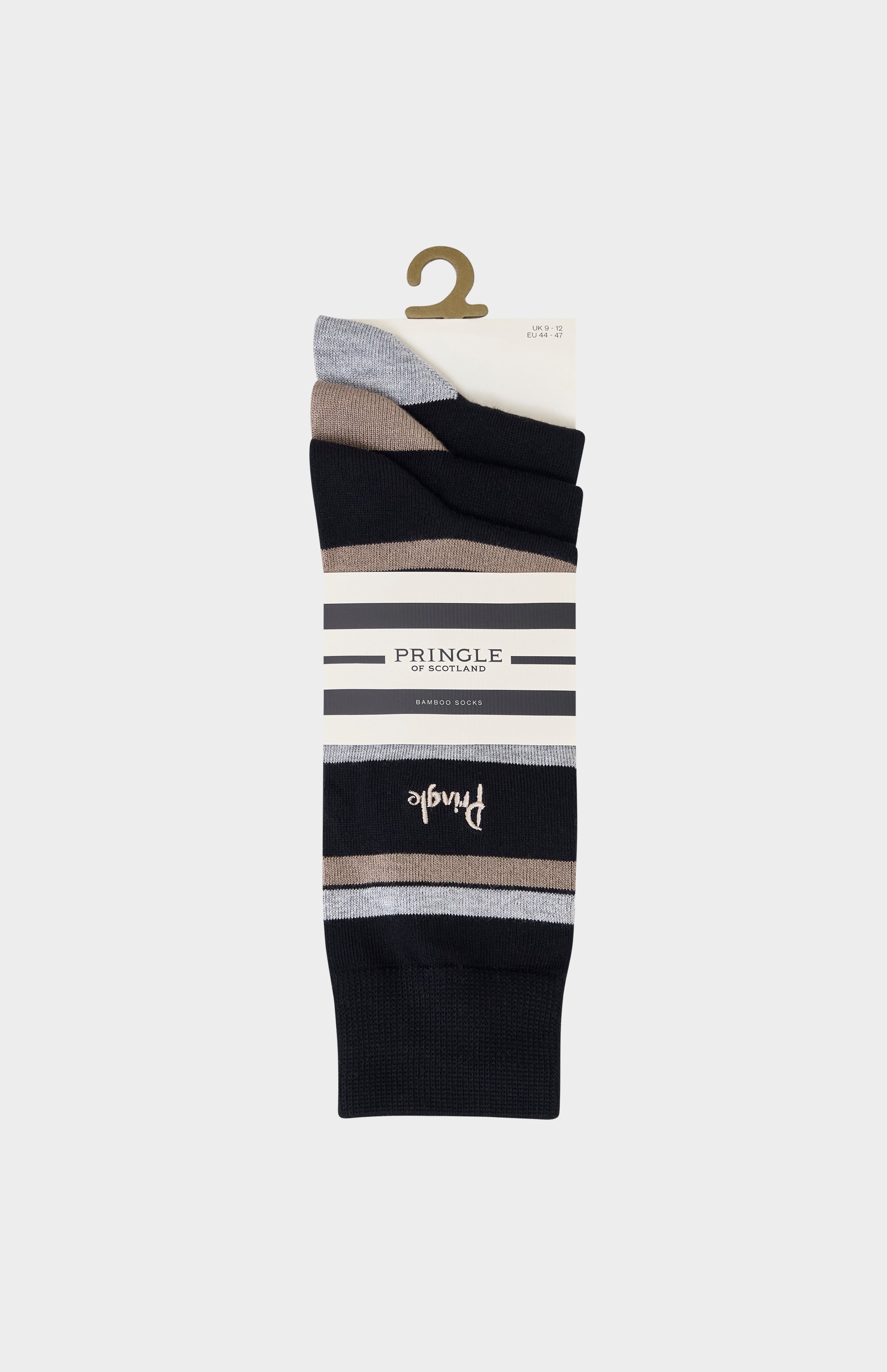 Black socks with grey and camel-coloured accents