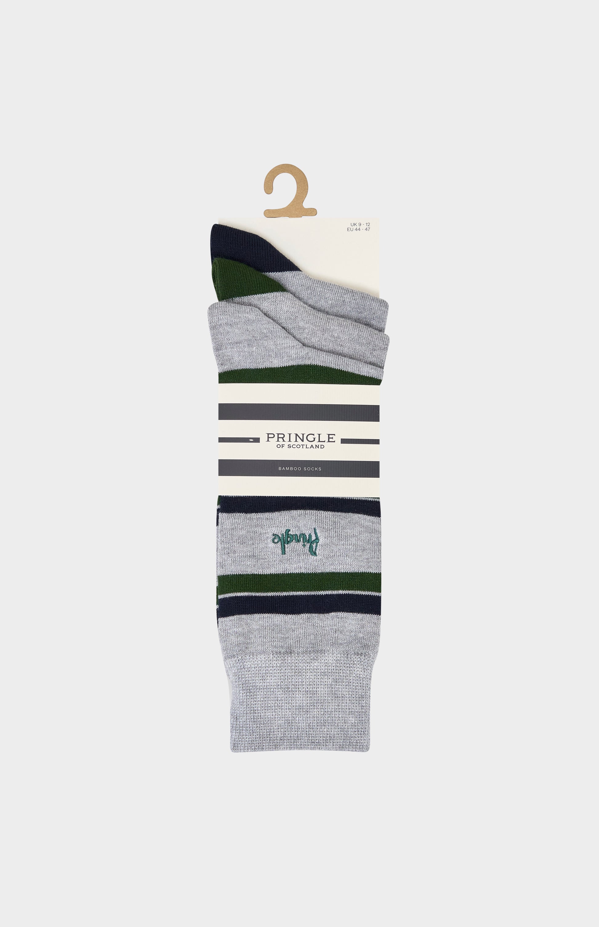 A pack of grey socks with green accents