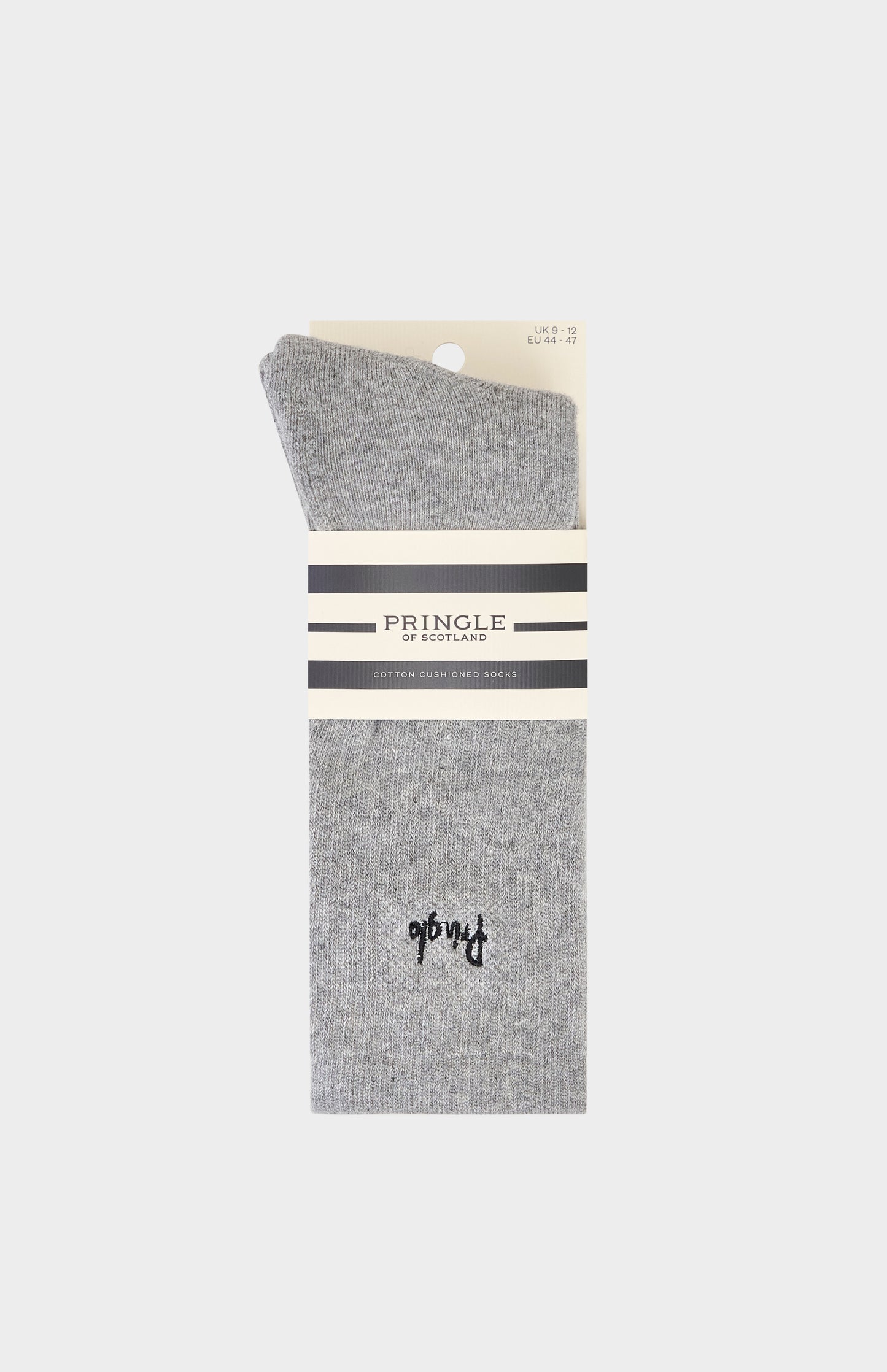 Pair of grey socks with Pringle of Scotland branding, on a white background
