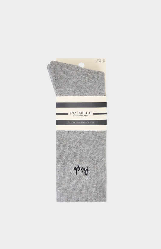 Pair of grey socks with Pringle of Scotland branding, on a white background