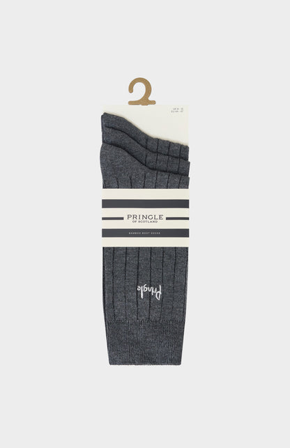 a pack of charcoal coloured socks on a white background