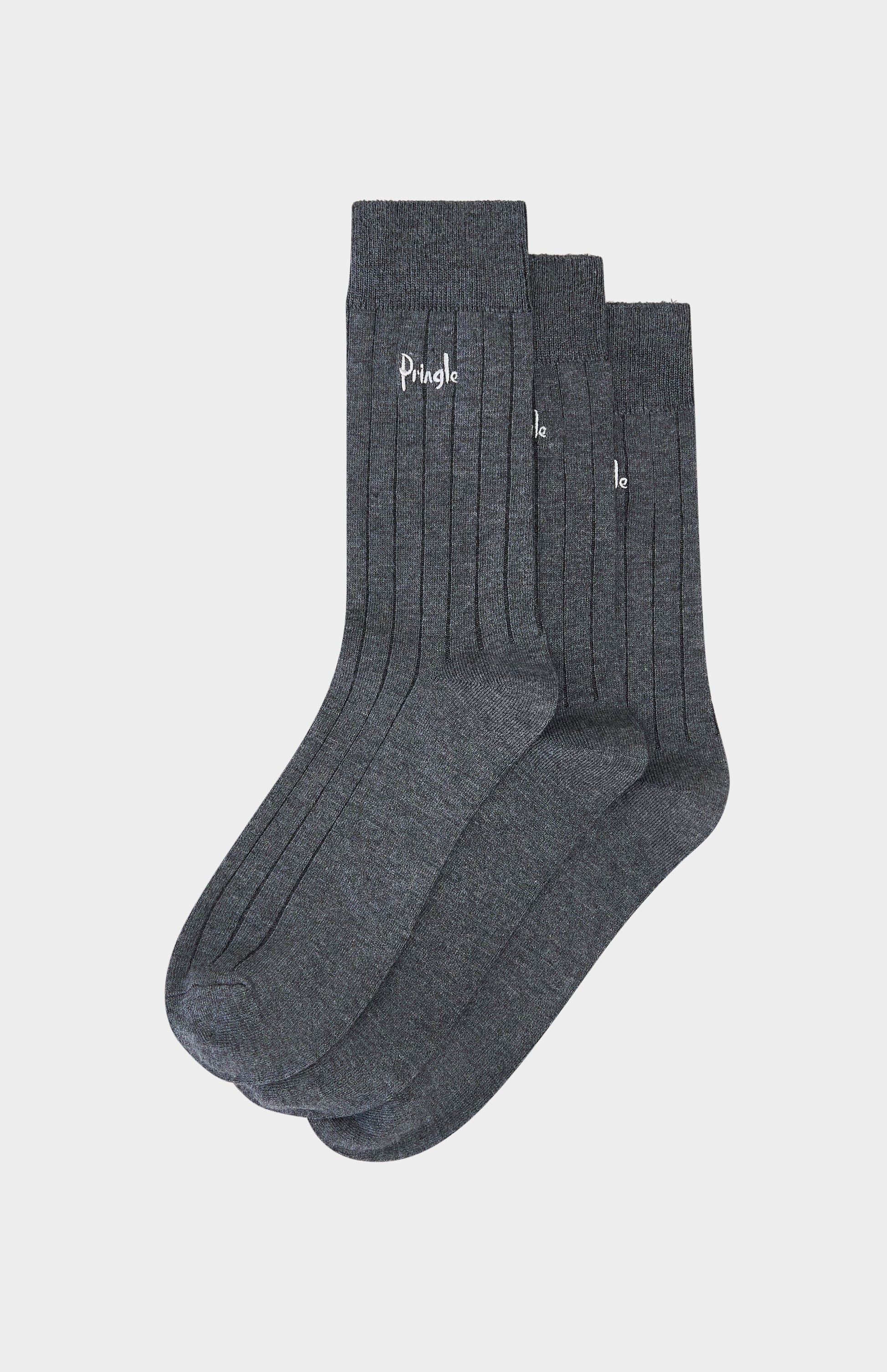3 pairs of charcoal coloured socks on a white background