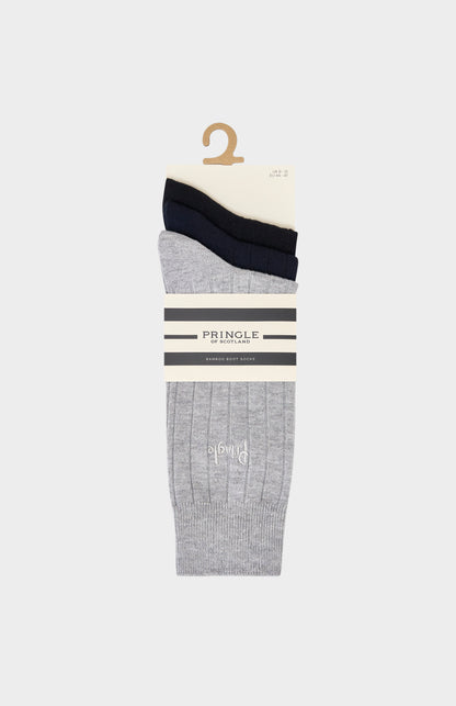 Three pairs of socks on a hanger with Pringle branding against a white background