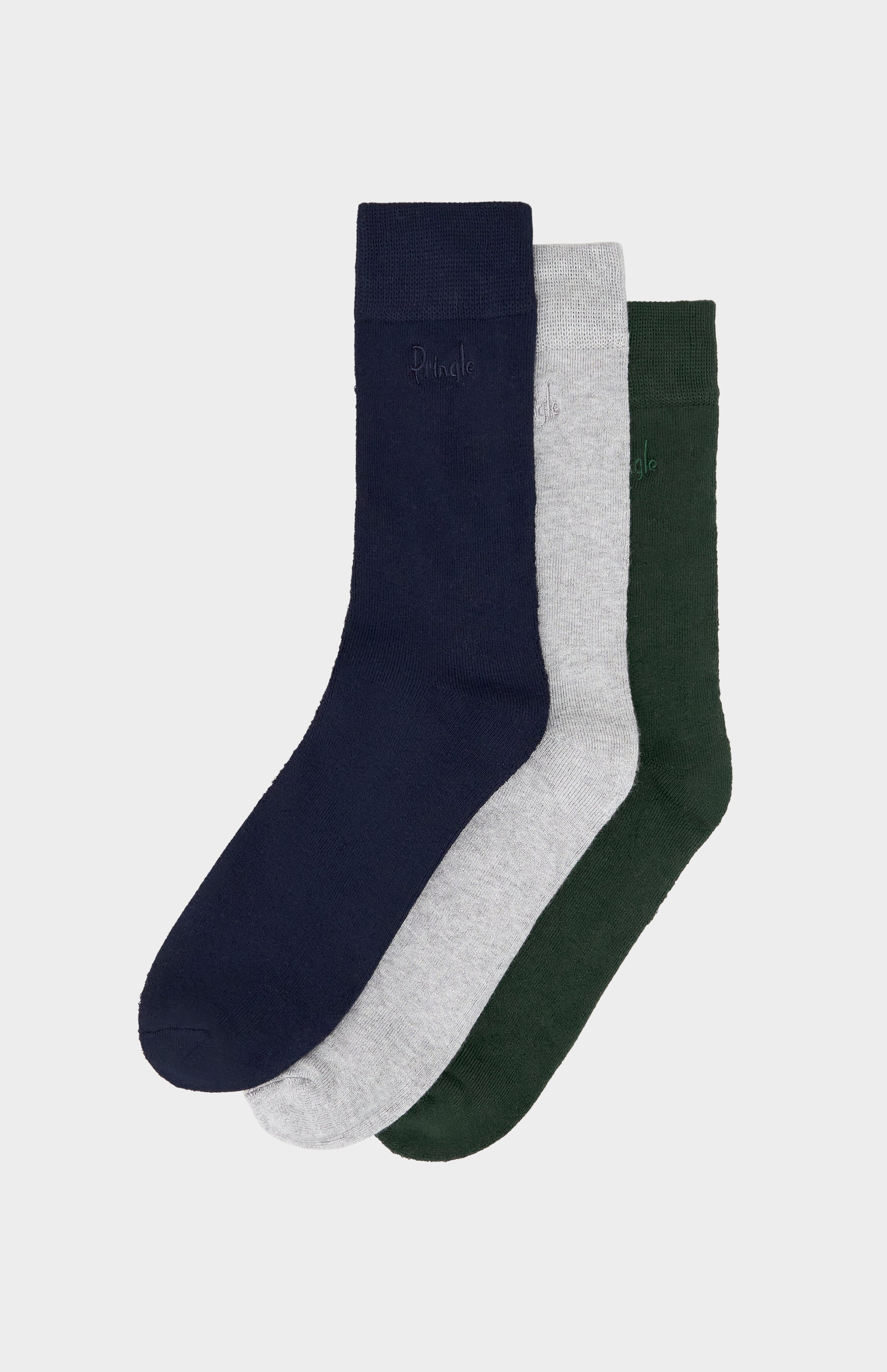 Green, navy, and grey socks with Pringle branding