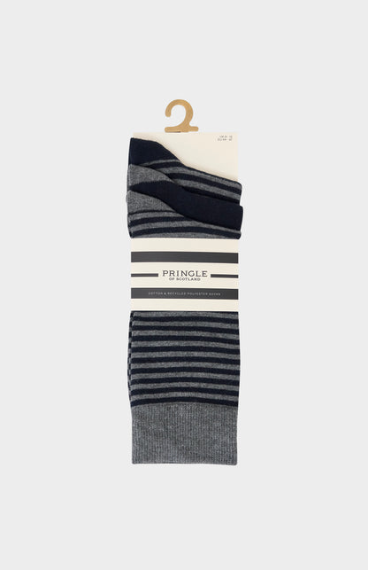 Grey socks with navy blue stripes and navy blue socks with grey accents