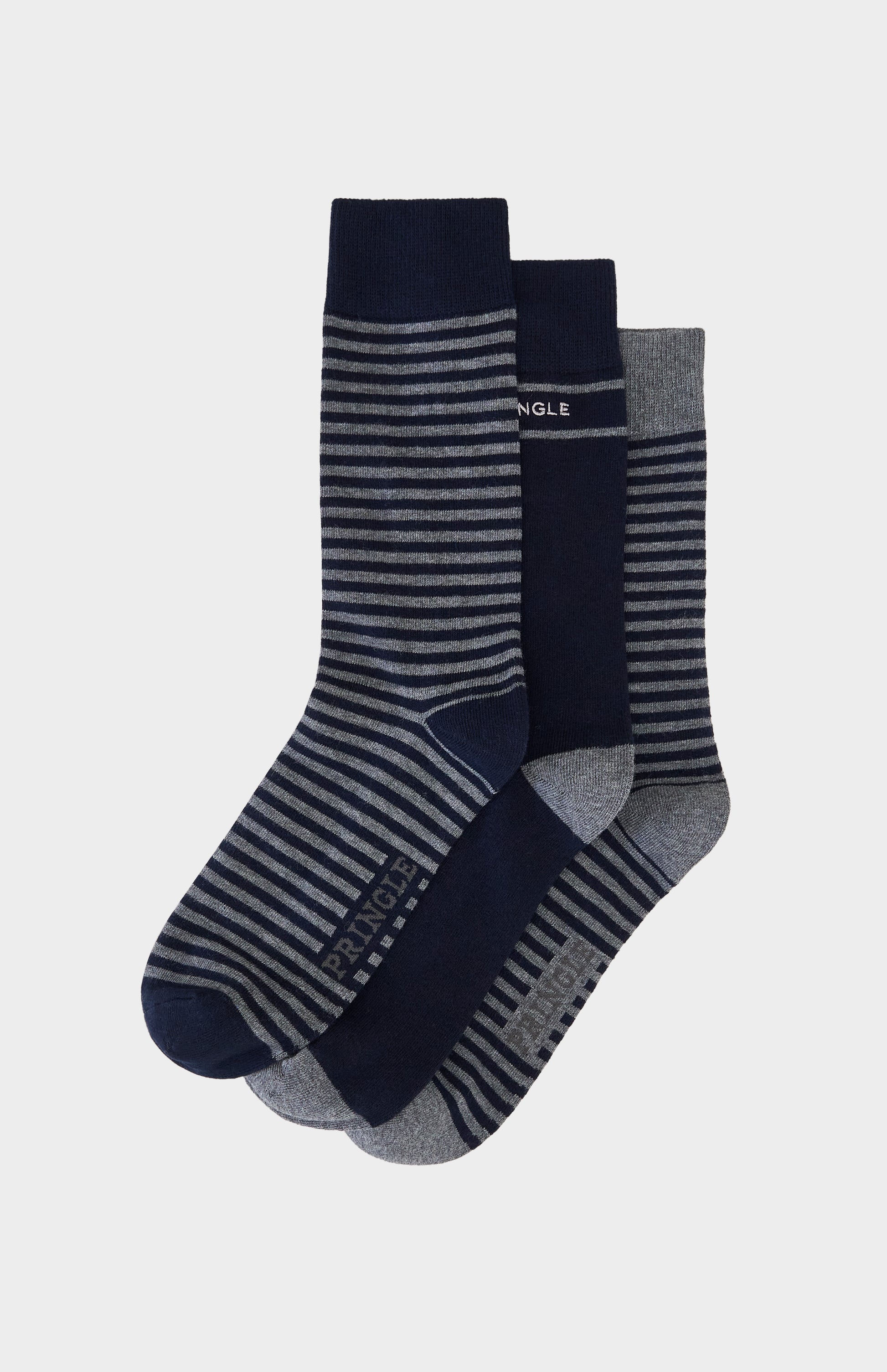 Grey socks with navy blue stripes and navy blue socks with grey accents