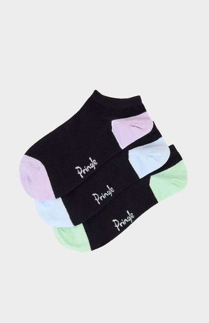 Three pairs of black socks with colorful soles and 'Pringle' branding on a light gray background.