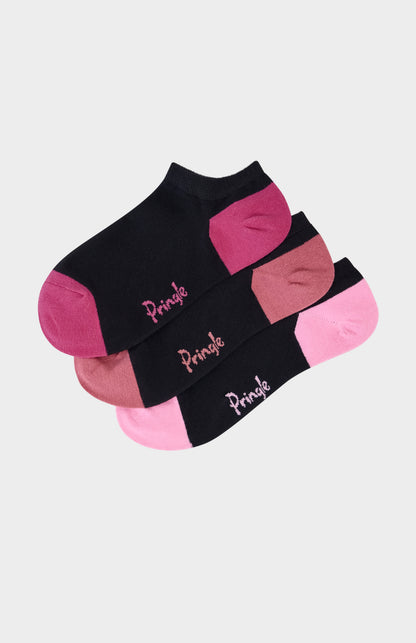 Black trainer socks with pink heel and toe accents on beige background