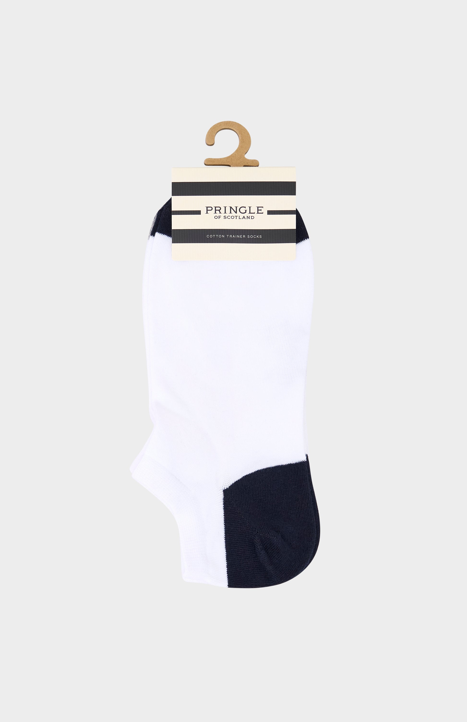 White sock with navy heel and toe on a white background, branded 'Pringle'.