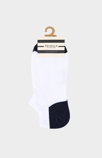 White sock with navy heel and toe on a white background, branded 'Pringle'.