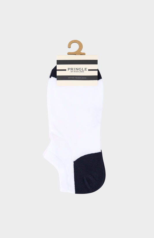 White sock with navy heel and toe on a white background, branded 'Pringle'.