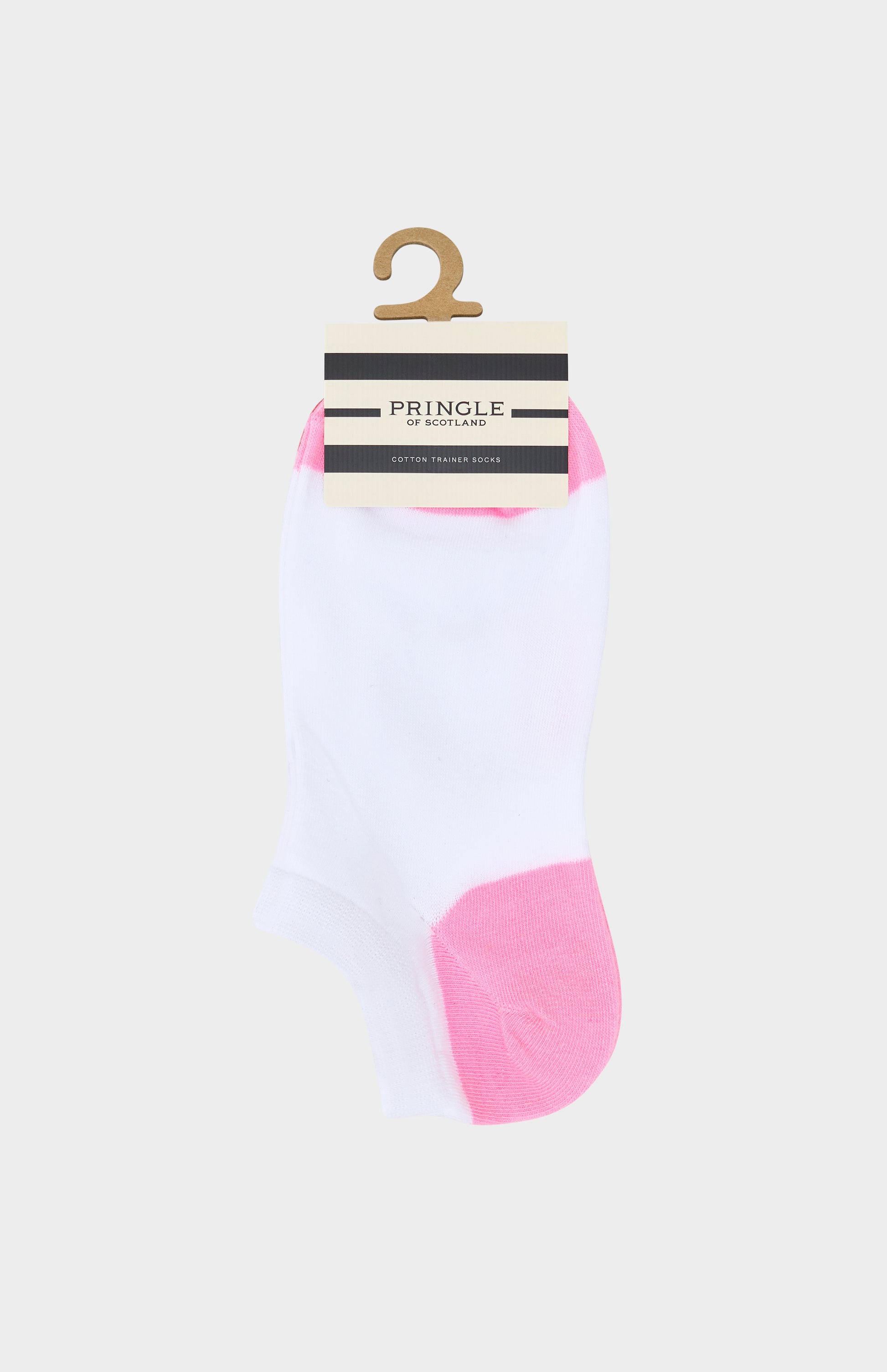 Pair of pink and white socks on a white background with 'Pringle' branding.