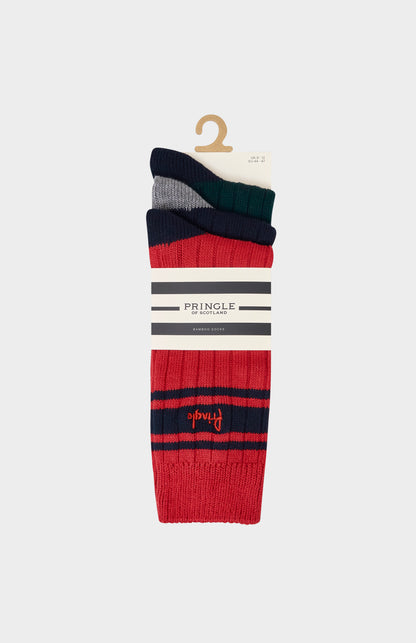 A pack of red and navy socks on a white background