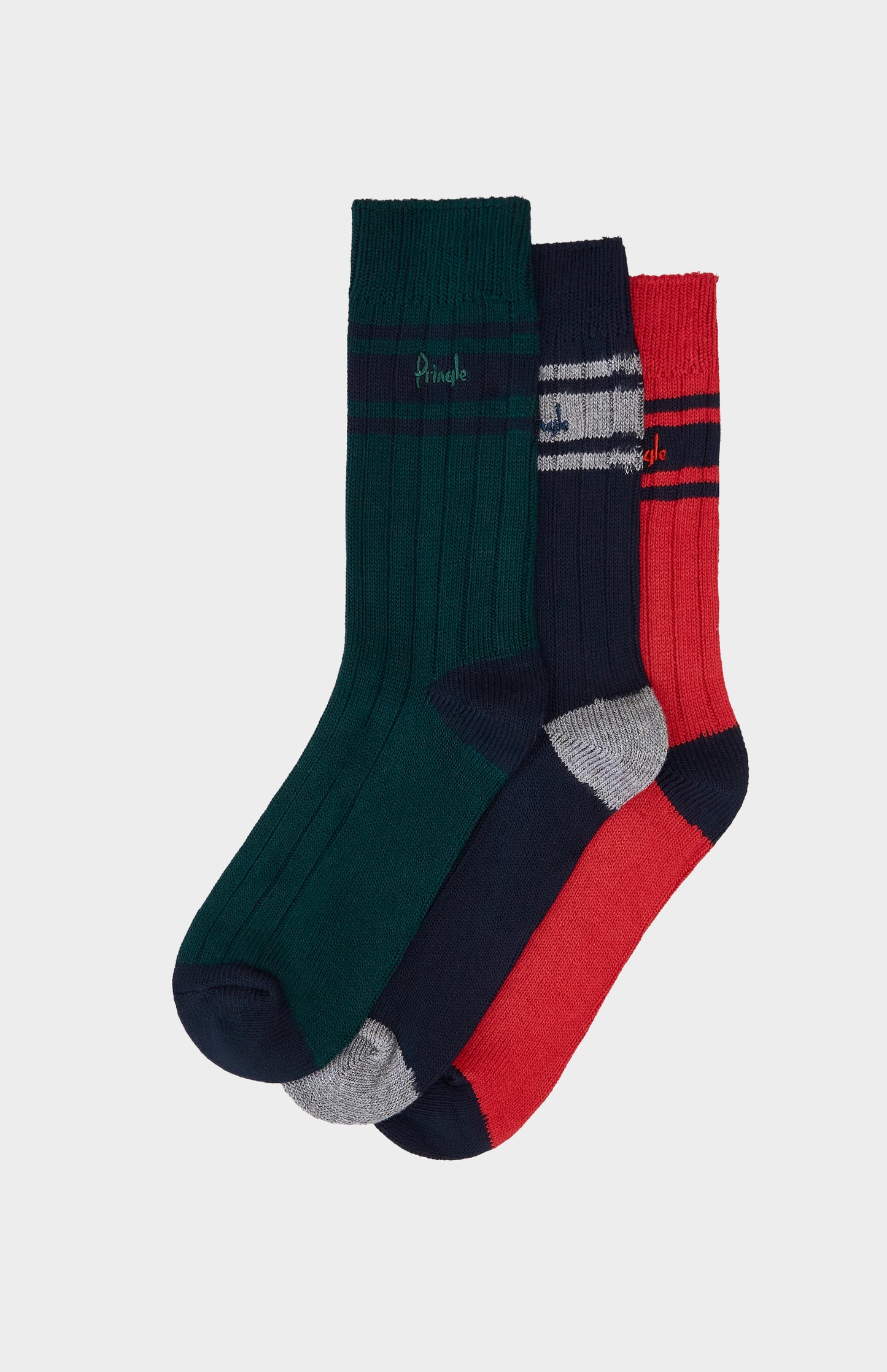 A pack of red and navy socks on a white background