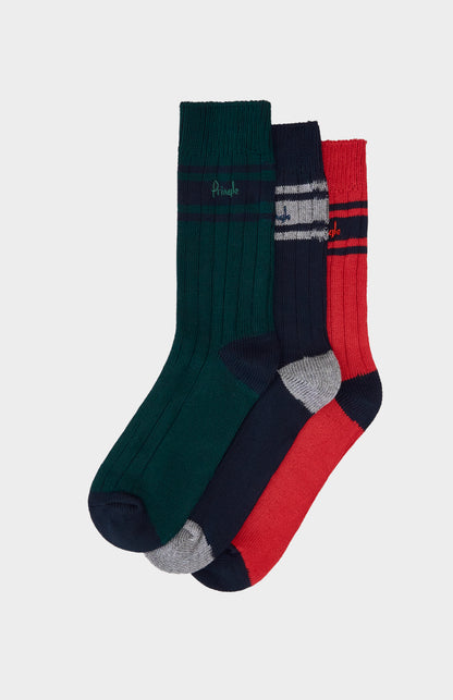 A pack of red and navy socks on a white background