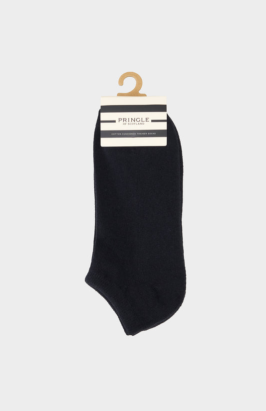 Black trainer socks against light grey background