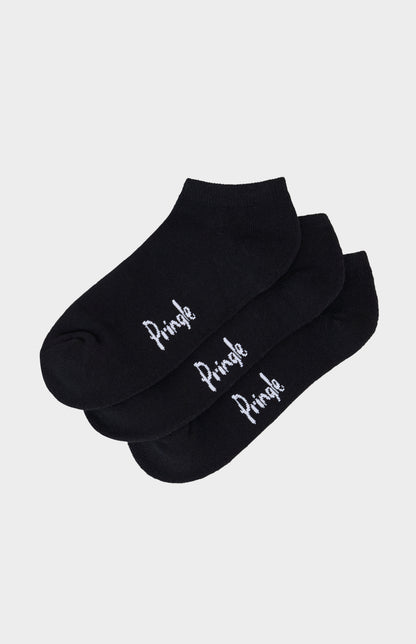 Black trainer socks with Pringle branding against light grey background