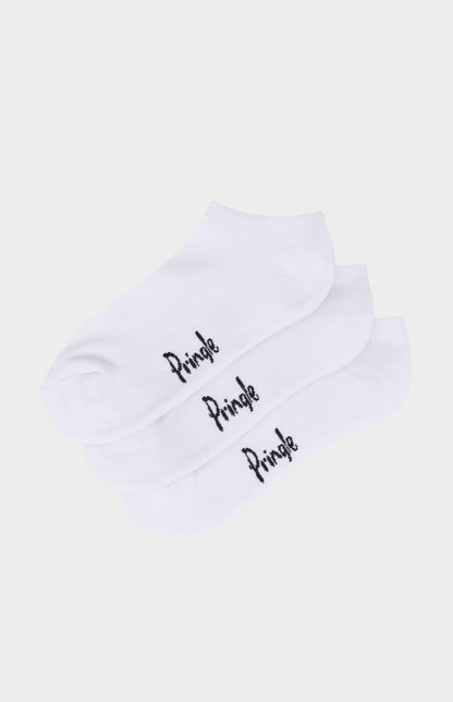 White socks with pringle branding against light grey background