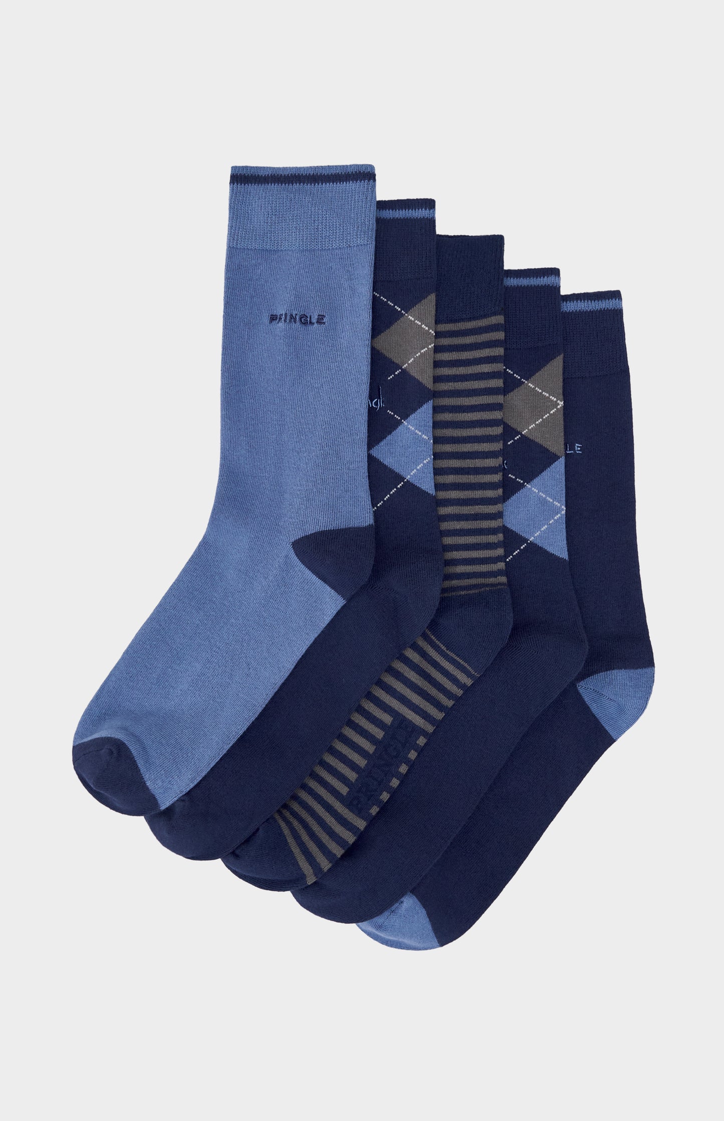 5 pairs of blue socks with blue accents and argyle patterns