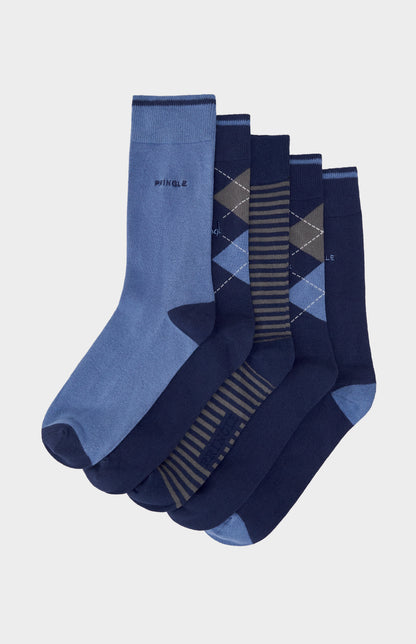 5 pairs of blue socks with blue accents and argyle patterns