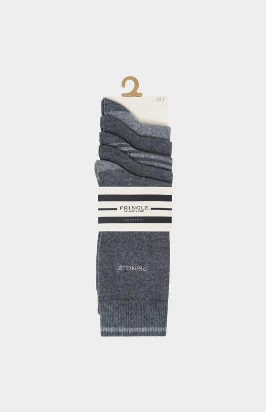 5 pairs of grey socks with light grey accents and argyle patterns