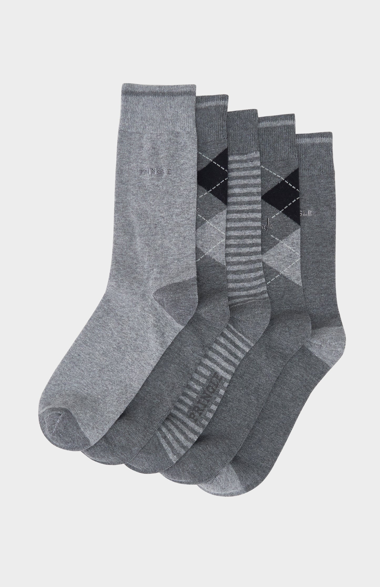 5 pairs of grey socks with light grey accents and argyle patterns