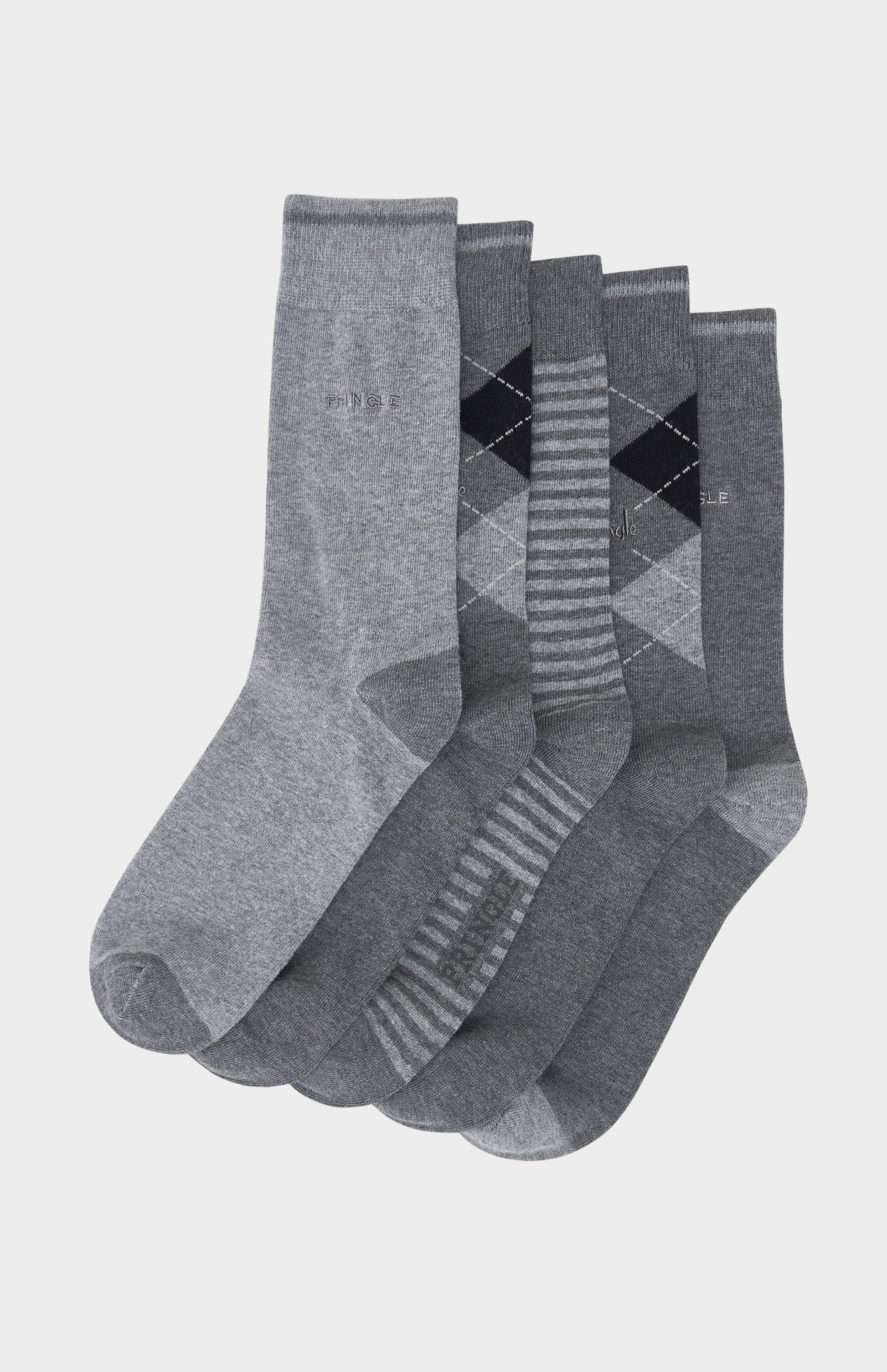 5 pairs of grey socks with light grey accents and argyle patterns