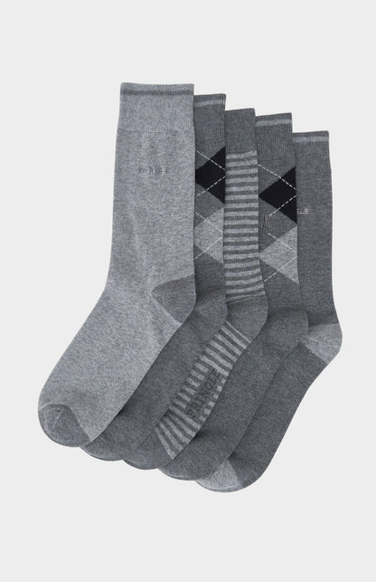 5 pairs of grey socks with light grey accents and argyle patterns
