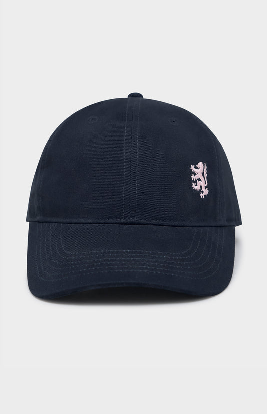 Navy baseball cap with light pink lion logo embroidery on the right hand side