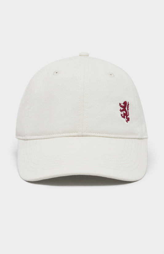 Ecru baseball cap with red lion embroidery on the right hand side