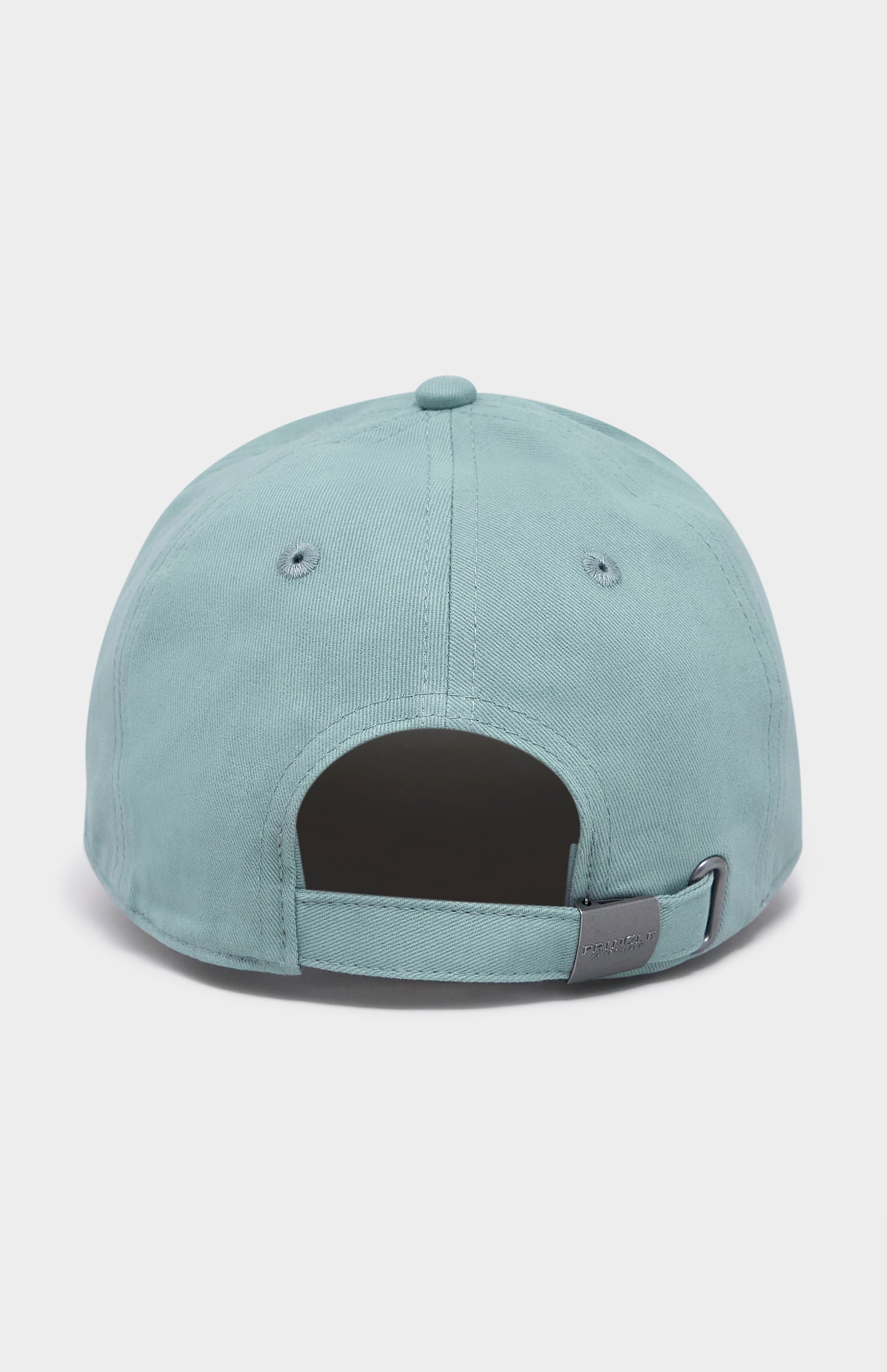 The back view of a light blue-green adjustable baseball cap on a light gray background.