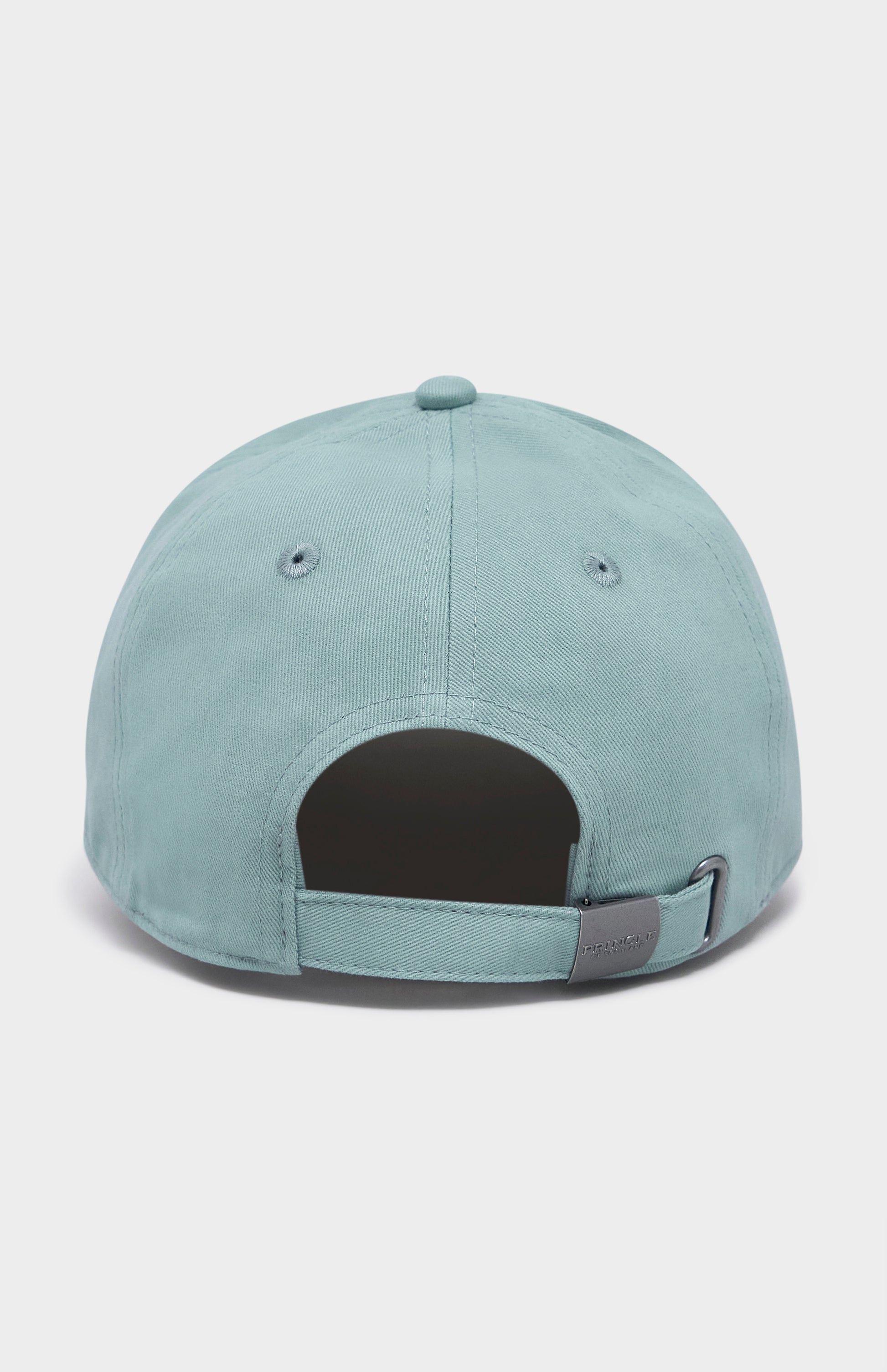 The back view of a light blue-green adjustable baseball cap on a light gray background.