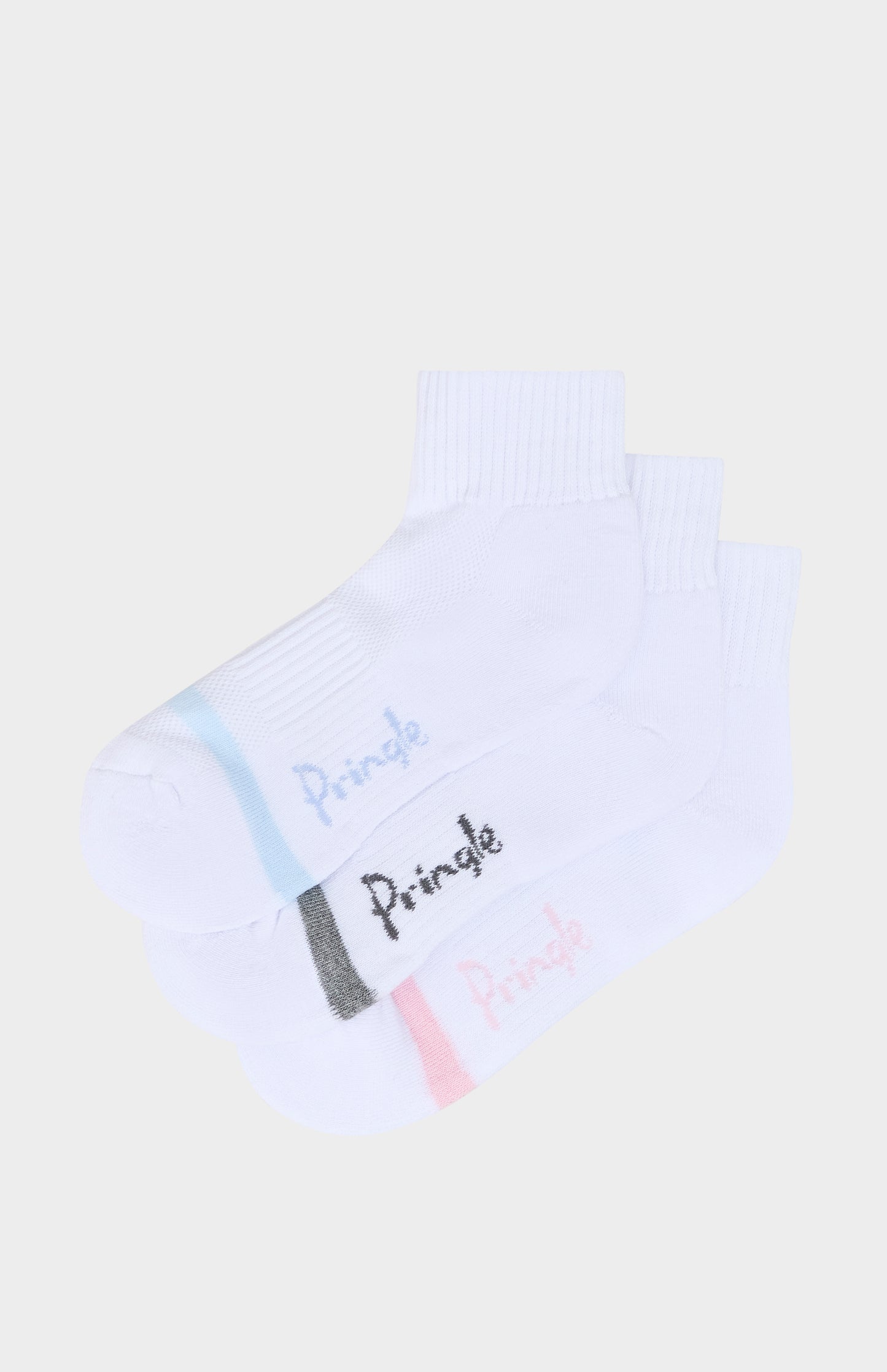 White sock with colorful accents and 'Pringle' branding on a light background