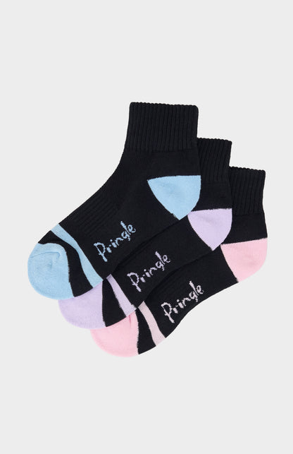 Set of black socks with colorful soles and 'Pringle' branding on a light gray background