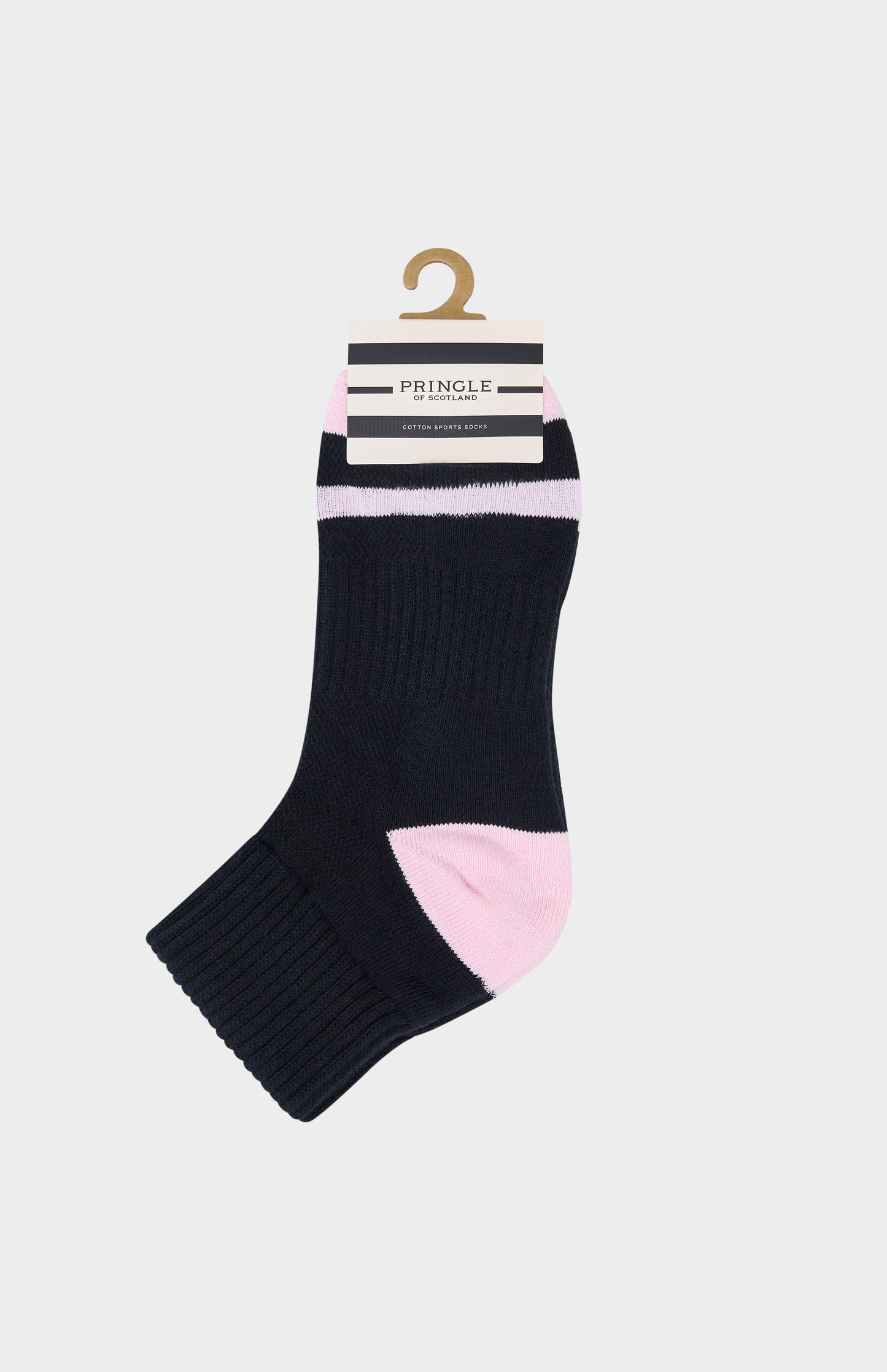 Black and pink sock on a white background with 'Pringle' branding.
